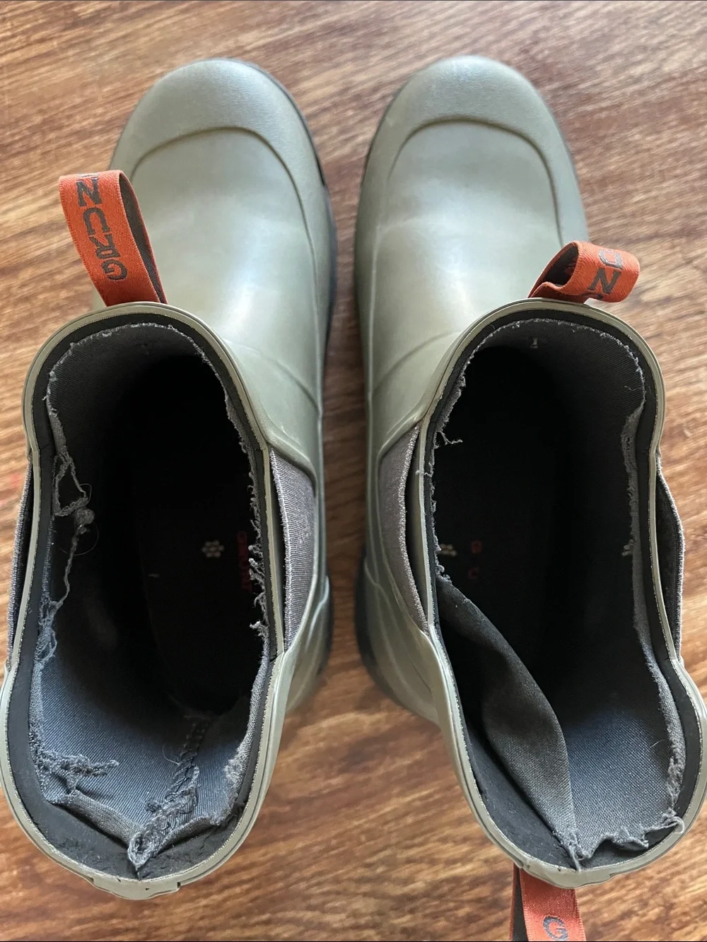 Men's Olive Green Waterproof Grundens boots.